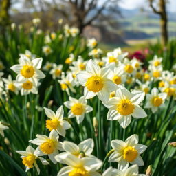 A lush garden scene filled with blooming narcissus flowers (narcissus poeticus), their white petals delicately arranged around vibrant yellow centers