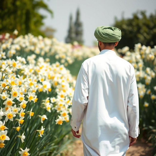 An Arab man dressed in traditional white attire with a green turban (ghutrah) walking away from the camera in a garden full of blooming narcissus flowers (narcissus poeticus)