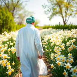 An Arab man dressed in traditional white attire with a green turban (ghutrah) walking away from the camera in a garden full of blooming narcissus flowers (narcissus poeticus)