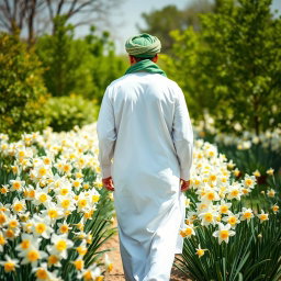 An Arab man dressed in traditional white attire with a green turban (ghutrah) walking away from the camera in a garden full of blooming narcissus flowers (narcissus poeticus)