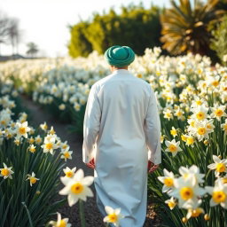An Arab man dressed in traditional white attire with a green turban (ghutrah) walking away from the camera in a garden full of blooming narcissus flowers (narcissus poeticus)