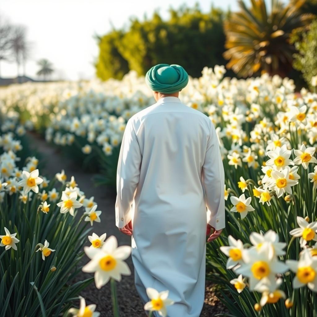 An Arab man dressed in traditional white attire with a green turban (ghutrah) walking away from the camera in a garden full of blooming narcissus flowers (narcissus poeticus)