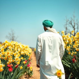 A handsome Arab man wearing a traditional white attire and a green turban, walking gracefully in a garden full of blooming daffodils
