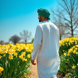 A handsome Arab man wearing a traditional white attire and a green turban, walking gracefully in a garden full of blooming daffodils