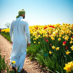 A handsome Arab man wearing a traditional white attire and a green turban, walking gracefully in a garden full of blooming daffodils