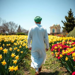 A handsome Arab man wearing a traditional white attire and a green turban, walking gracefully in a garden full of blooming daffodils