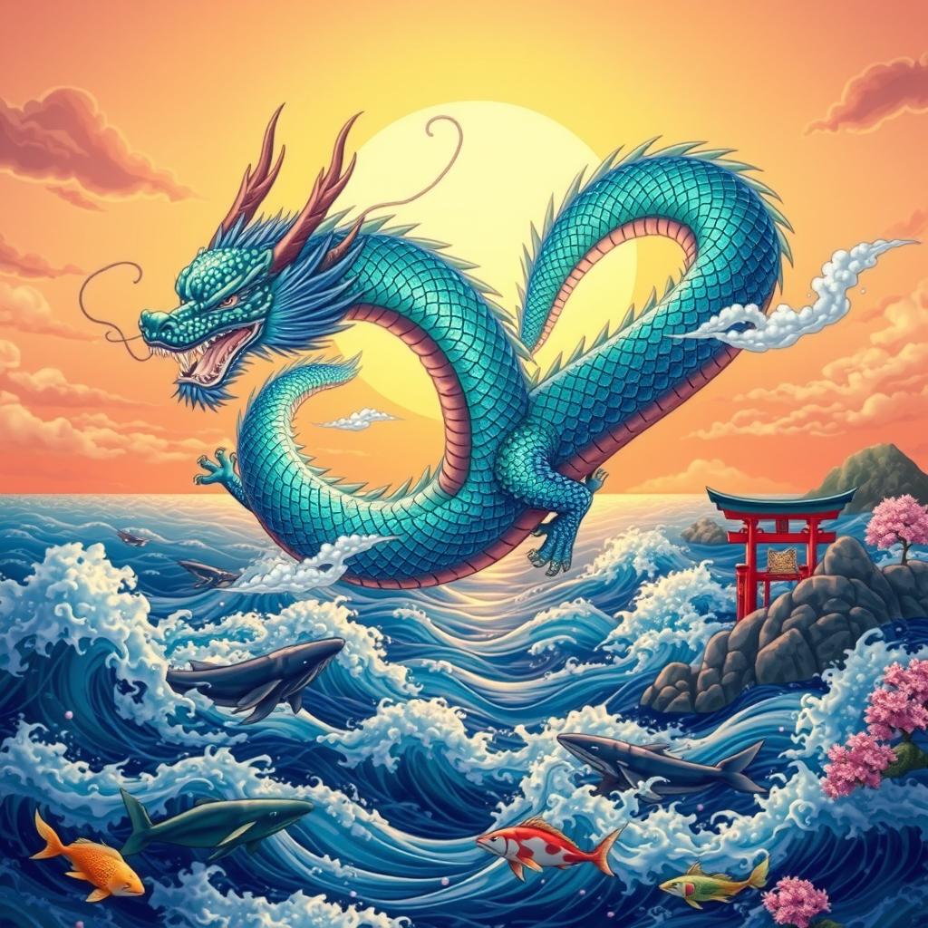 A majestic depiction of Ryujin, the mythical dragon god of the sea in Japanese folklore, soaring gracefully above the ocean