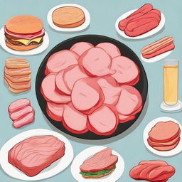 Revise the image to include slices of meat and bologna, as well as chunks of chicken on the finger food.