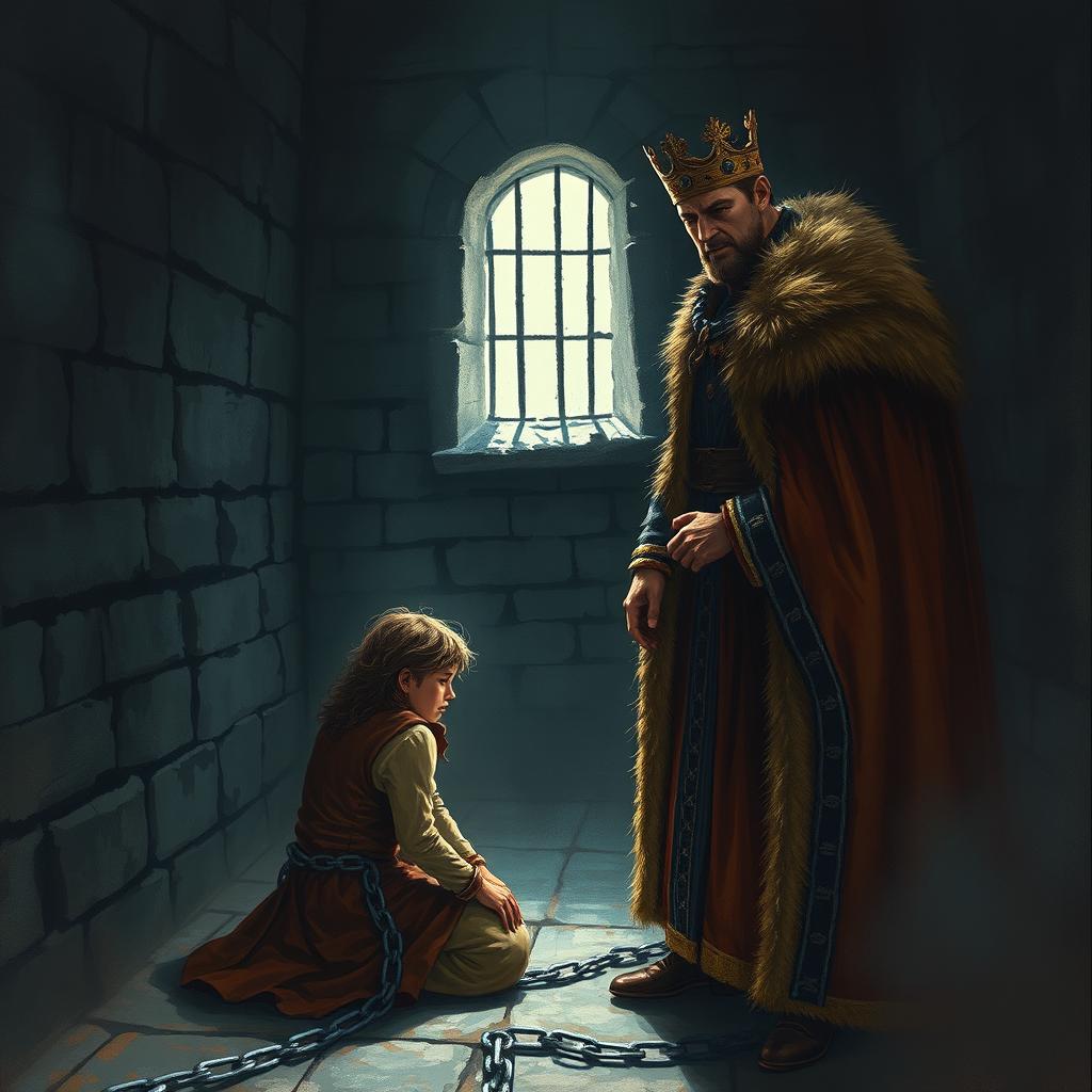 A dramatic scene depicting a king punishing his minister in a dimly lit, oppressive jail cell