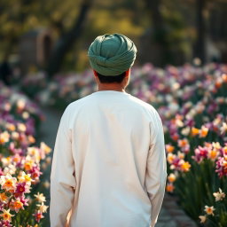 An Arabic man with a luminous face, dressed in white clothing and wearing a green turban, gently strolling through a garden filled with narcissus flowers, showing a peaceful and serene atmosphere, the focus is on the man from the back, capturing the beauty of the vibrant flowers surrounding him