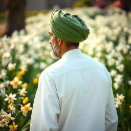 An Arabic man with a luminous face, dressed in white clothing and wearing a green turban, gently strolling through a garden filled with narcissus flowers, showing a peaceful and serene atmosphere, the focus is on the man from the back, capturing the beauty of the vibrant flowers surrounding him