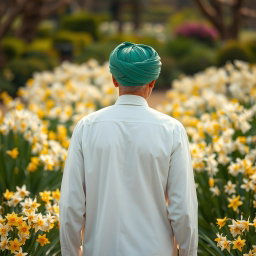 An Arabic man with a luminous face, dressed in white clothing and wearing a green turban, gently strolling through a garden filled with narcissus flowers, showing a peaceful and serene atmosphere, the focus is on the man from the back, capturing the beauty of the vibrant flowers surrounding him