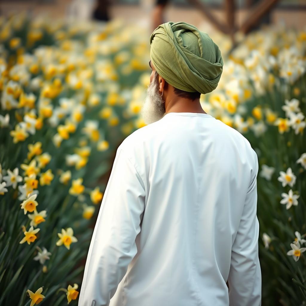 An Arabic man with a luminous face, dressed in white clothing and wearing a green turban, gently strolling through a garden filled with narcissus flowers, showing a peaceful and serene atmosphere, the focus is on the man from the back, capturing the beauty of the vibrant flowers surrounding him