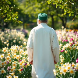 A majestic figure of Imam Zaman dressed in a white robe with a green turban, standing with his back to the viewer, gracefully walking through a vibrant garden filled with blooming narcissus flowers