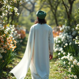 A majestic figure of Imam Zaman dressed in a white robe with a green turban, standing with his back to the viewer, gracefully walking through a vibrant garden filled with blooming narcissus flowers
