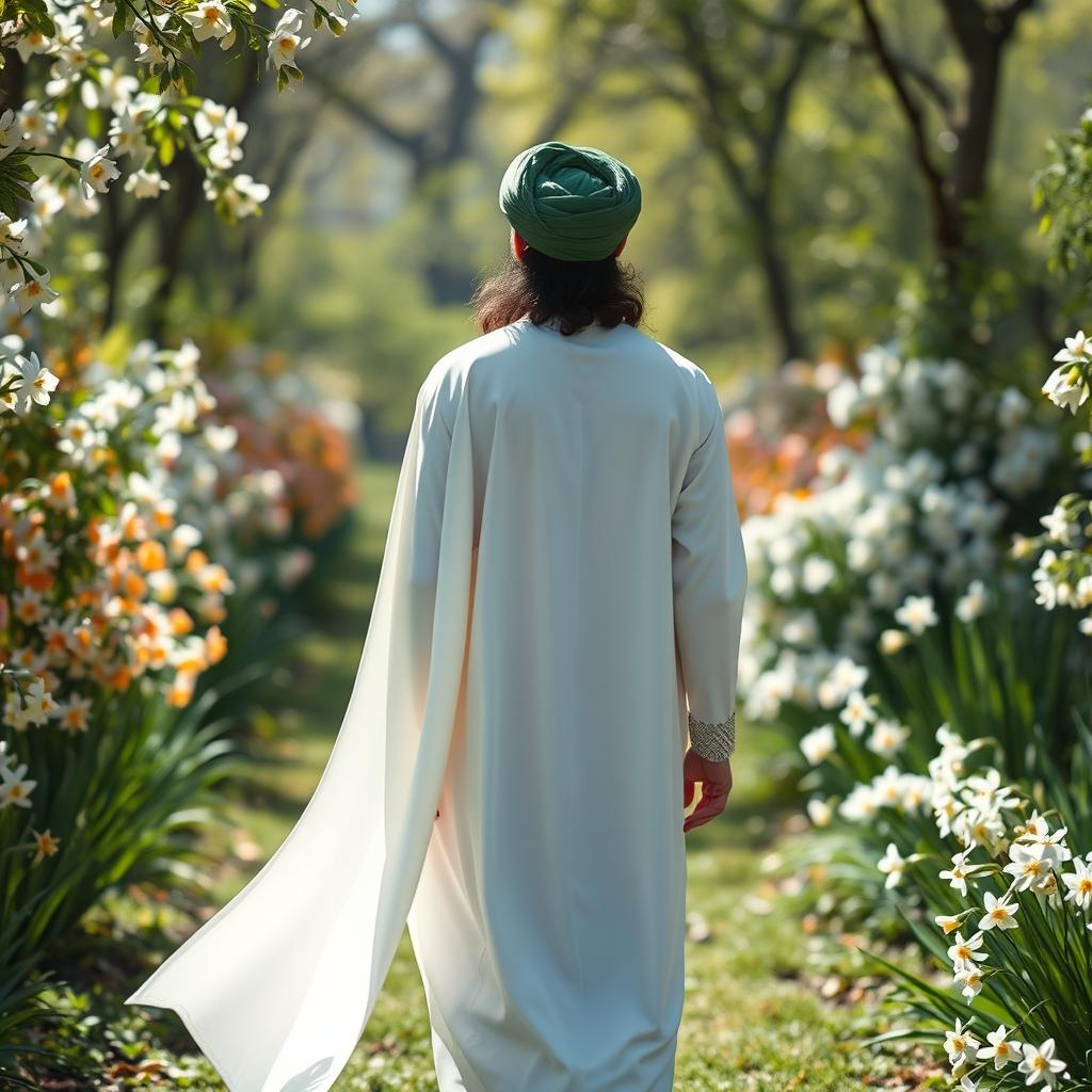 A majestic figure of Imam Zaman dressed in a white robe with a green turban, standing with his back to the viewer, gracefully walking through a vibrant garden filled with blooming narcissus flowers
