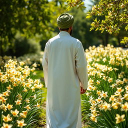 A majestic figure of Imam Zaman dressed in a white robe with a green turban, standing with his back to the viewer, gracefully walking through a vibrant garden filled with blooming narcissus flowers