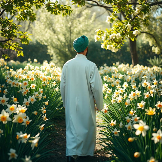 A majestic figure of Imam Zaman dressed in a white robe with a green turban, standing with his back to the viewer, gracefully walking through a vibrant garden filled with blooming narcissus flowers