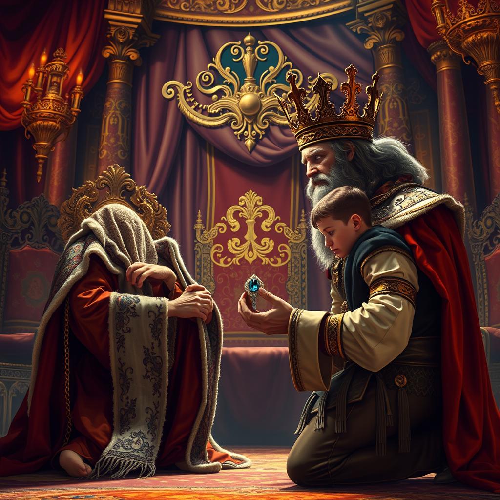 A regal king in a luxurious throne room, adorned with vibrant tapestries and golden ornaments, sternly confronting a nervous thief who kneels before him