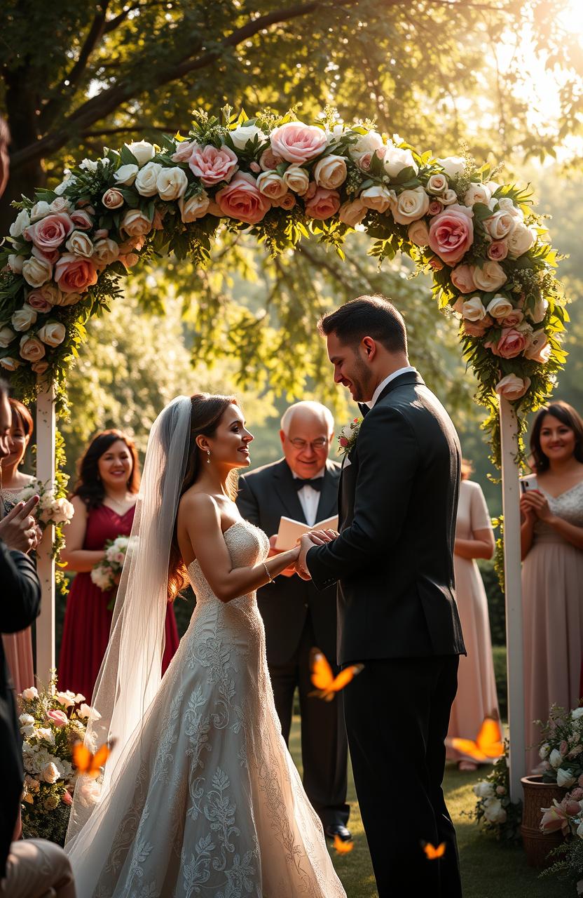 A dramatic and emotional scene depicting a wedding ceremony set in a lush, romantic garden