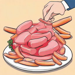 Revise the image to include slices of meat and bologna, as well as chunks of chicken on the finger food.