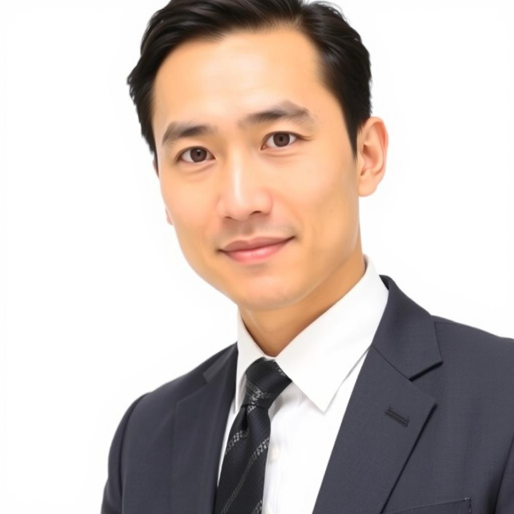 A professional-looking person in corporate attire, dressed in a tailored suit with a crisp white shirt and a stylish tie