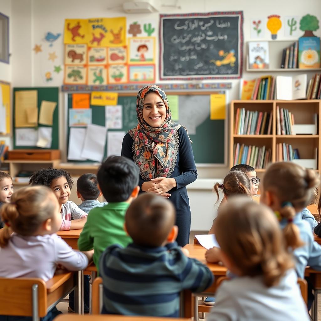 A dedicated female teacher in an Iranian elementary school, wearing a colorful hijab, standing in a bright and cheerful classroom filled with young students