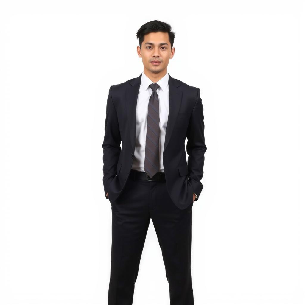 A person dressed in a sleek corporate attire, featuring a well-fitted suit, a crisp white dress shirt, and a matching tie, exuding professionalism