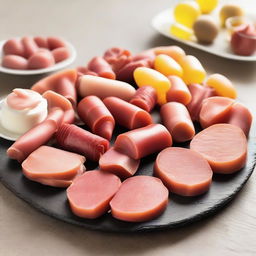 Assorted finger food platter containing mini portions of meat, chicken, and bologna delicacies