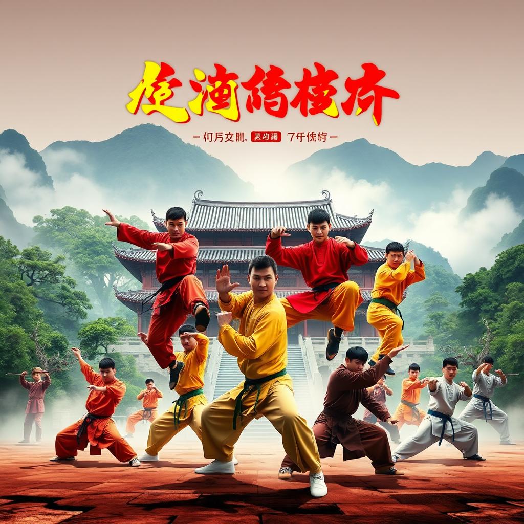 A dynamic and captivating Shaolin Kung Fu poster featuring a group of skilled martial artists performing various Kung Fu moves