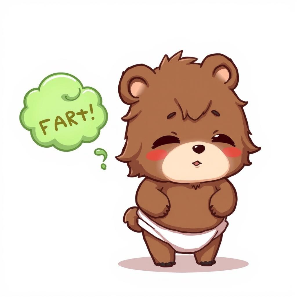 A chibi-style illustration of a furry character, specifically a bear-like creature with brown fur, depicted as pregnant and wearing a diaper