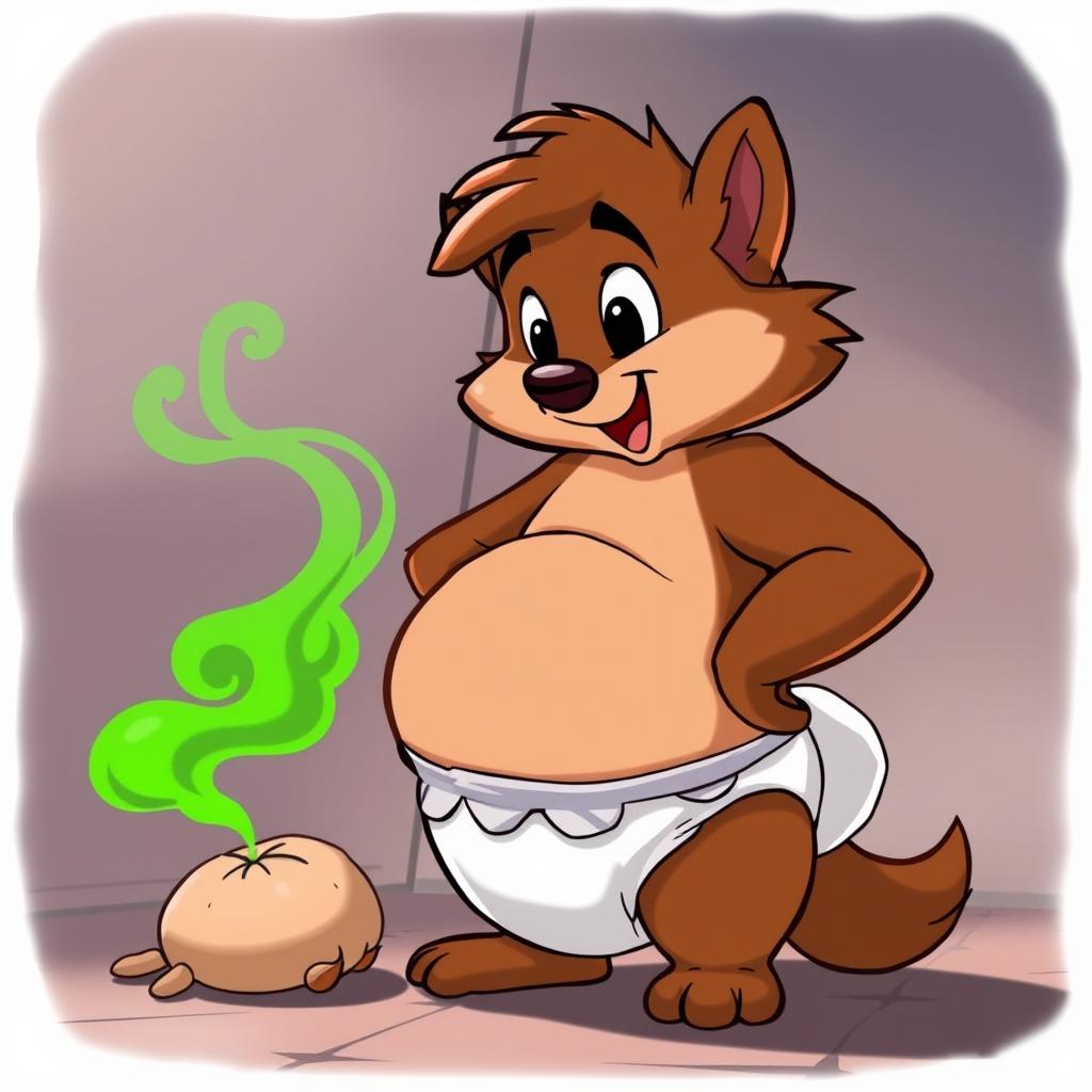 A cartoonish scene featuring a brown-furred furry character who is visibly pregnant and wearing a cute diaper