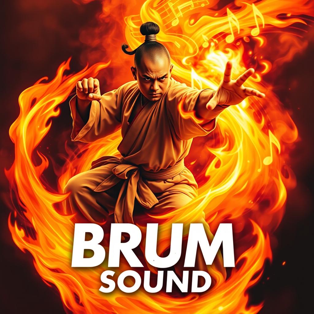 A striking and dynamic poster featuring a Shaolin monk surrounded by flames, embodying the intense energy of 'Brum Sound'