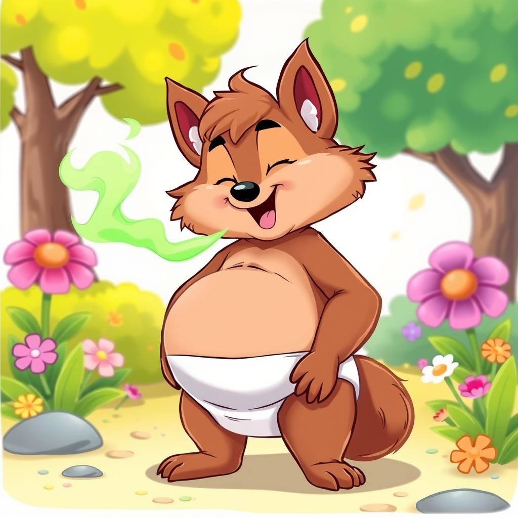 A whimsical Disney-style illustration of a pregnant furry creature with brown fur, playfully depicted in a diaper, surrounded by a lighthearted scene