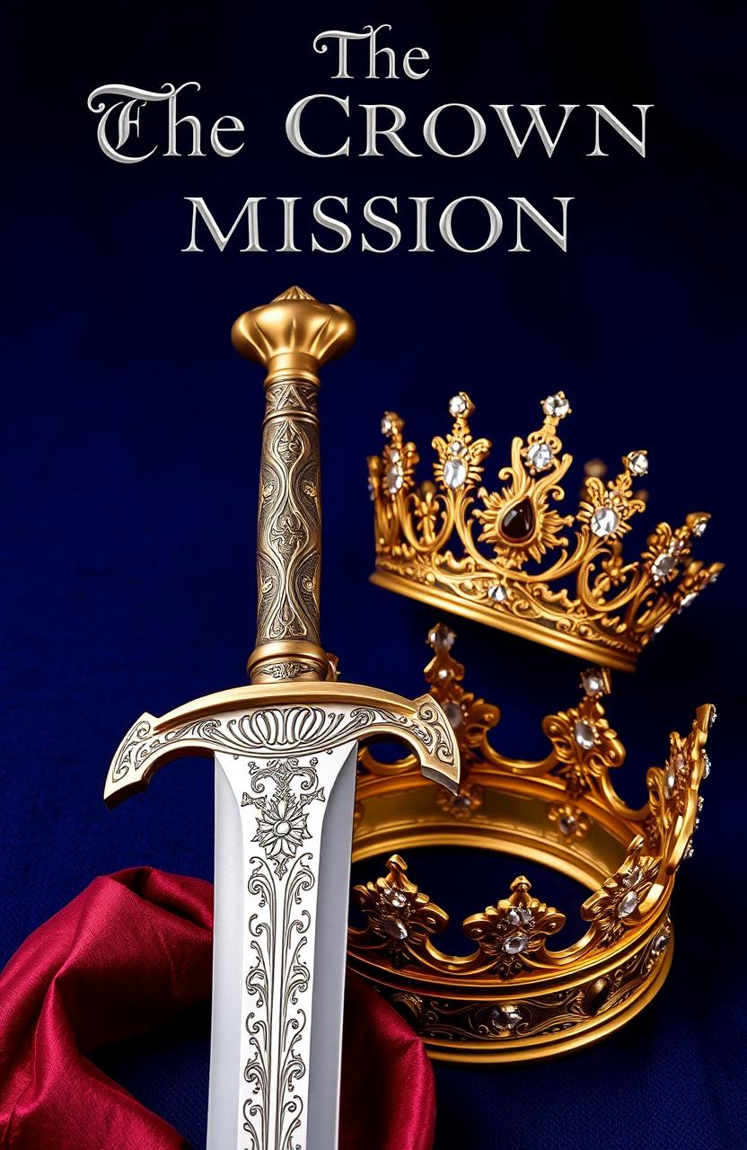 A beautifully arranged composition featuring a majestic sword with intricate designs etched into its blade, resting beside a stunning golden crown adorned with sparkling jewels