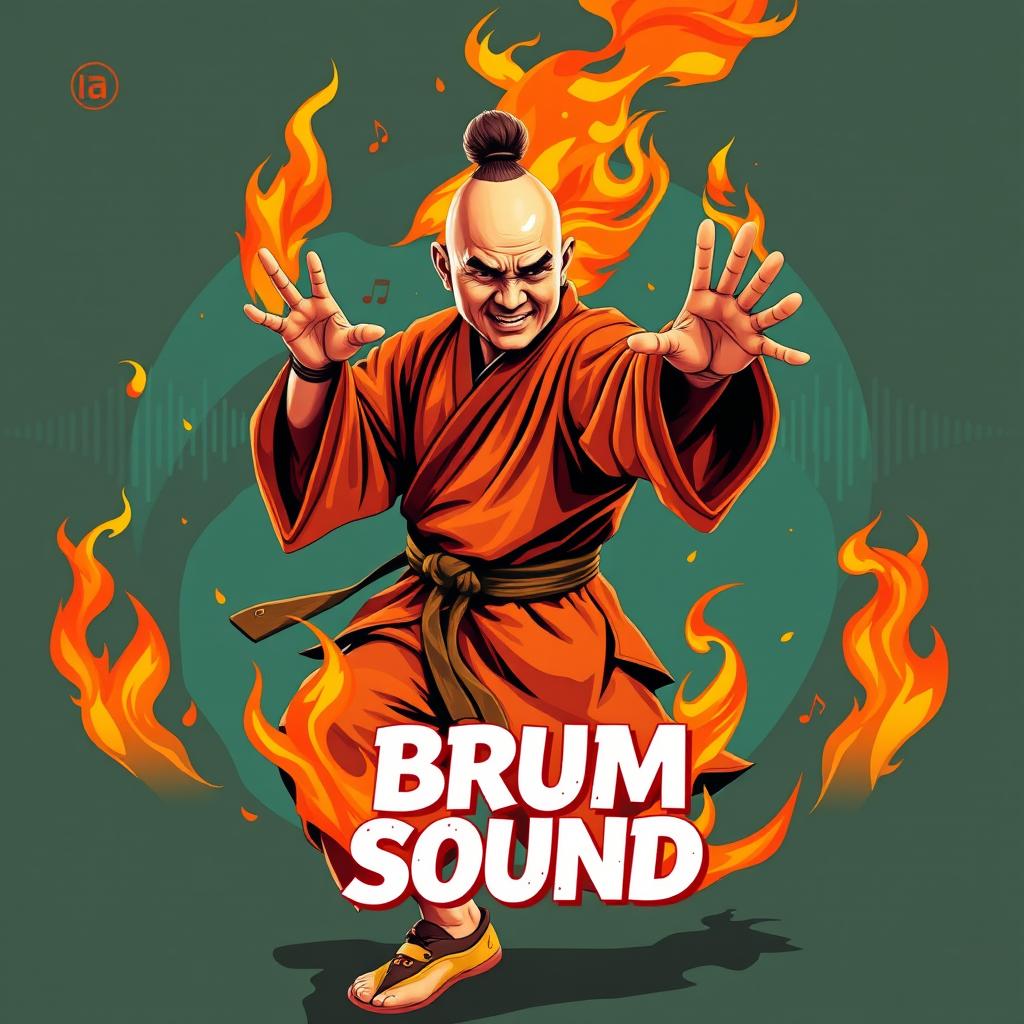 A vibrant and dynamic poster depicting a Shaolin monk in traditional attire, skillfully performing martial arts with an intense expression