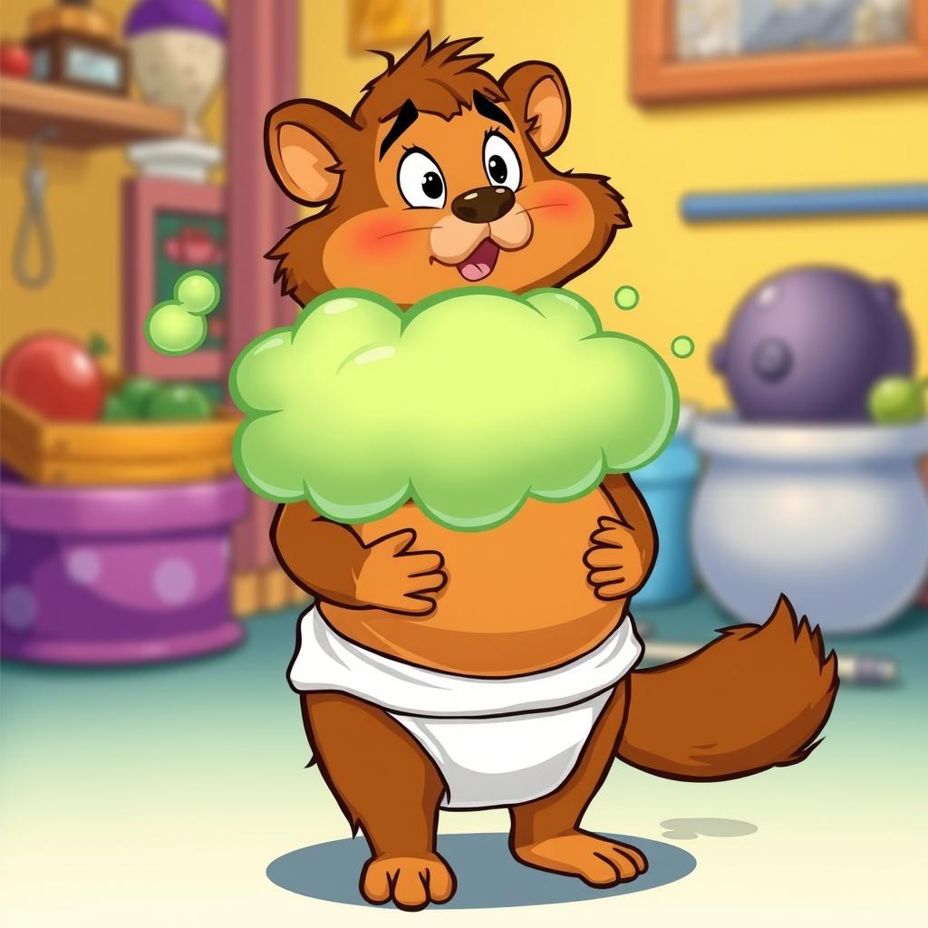 A cartoonish scene featuring a pregnant furry character with brown fur, wearing a diaper