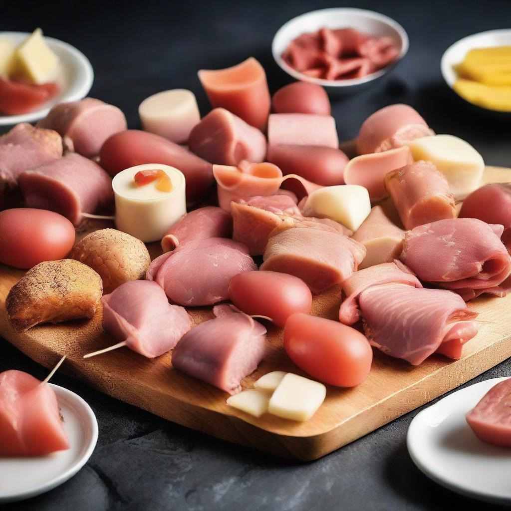 Assorted finger food platter containing mini portions of meat, chicken, and bologna delicacies