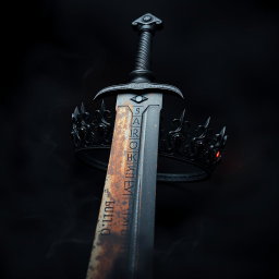 A captivating dark aesthetic artwork featuring a formidable sword with a rusted blade, adorned with ancient runes, lying crossed with a shadowy crown