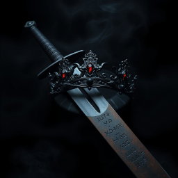 A captivating dark aesthetic artwork featuring a formidable sword with a rusted blade, adorned with ancient runes, lying crossed with a shadowy crown