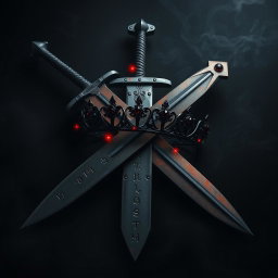 A captivating dark aesthetic artwork featuring a formidable sword with a rusted blade, adorned with ancient runes, lying crossed with a shadowy crown