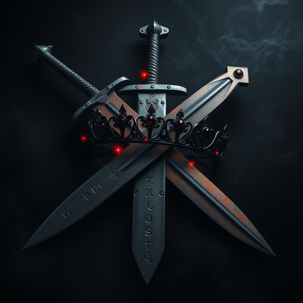 A captivating dark aesthetic artwork featuring a formidable sword with a rusted blade, adorned with ancient runes, lying crossed with a shadowy crown