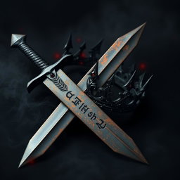 A captivating dark aesthetic artwork featuring a formidable sword with a rusted blade, adorned with ancient runes, lying crossed with a shadowy crown