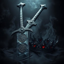 A striking dark aesthetic artwork featuring a rugged sword with a weathered, dark iron blade, intricately engraved with ominous symbols