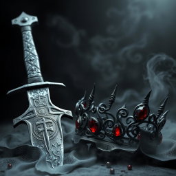 A striking dark aesthetic artwork featuring a rugged sword with a weathered, dark iron blade, intricately engraved with ominous symbols