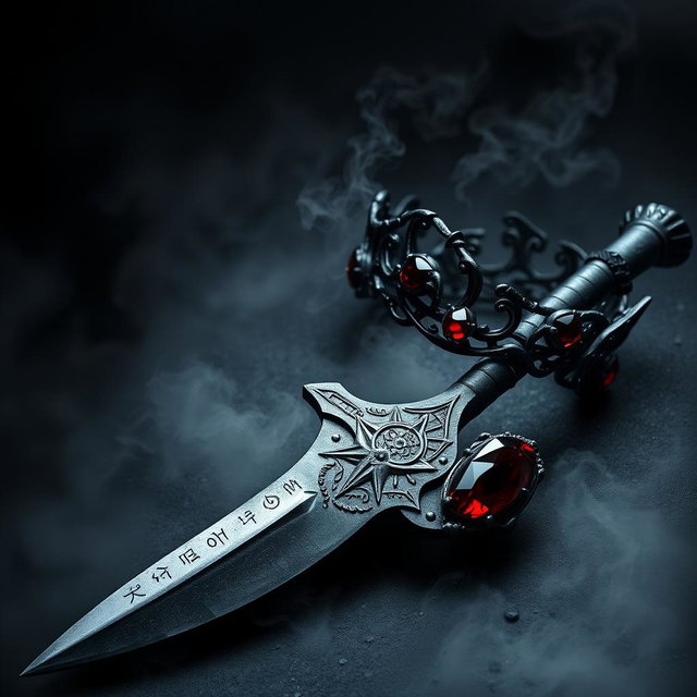 A striking dark aesthetic artwork featuring a rugged sword with a weathered, dark iron blade, intricately engraved with ominous symbols