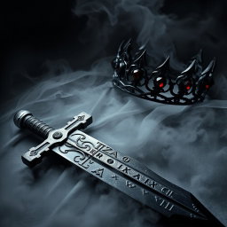 A striking dark aesthetic artwork featuring a rugged sword with a weathered, dark iron blade, intricately engraved with ominous symbols