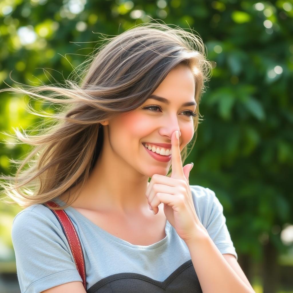 A woman playfully touching her nose with her hand, with a warm, inviting smile on her face