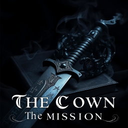 An evocative dark aesthetic artwork featuring a formidable sword with a deeply tarnished blade, inscribed with cryptic symbols, lying beside a shadowy crown crafted from twisted iron