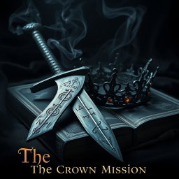 An evocative dark aesthetic artwork featuring a formidable sword with a deeply tarnished blade, inscribed with cryptic symbols, lying beside a shadowy crown crafted from twisted iron